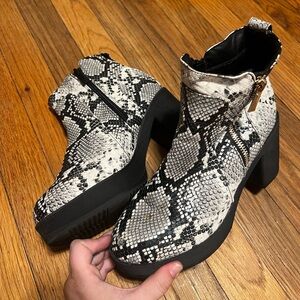 snakeskin high heeled ankle boots